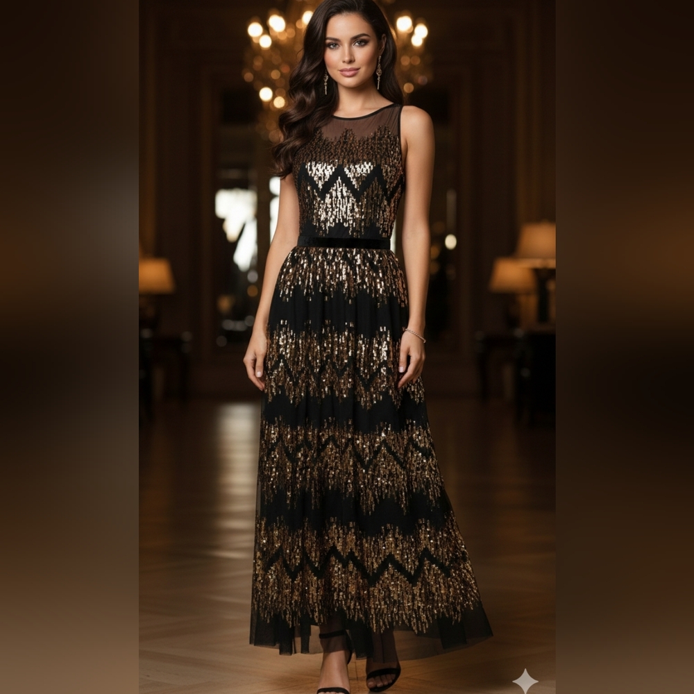 Vince CAMMUTO Elegant Black and Gold Evening Dress NWT SZ.4